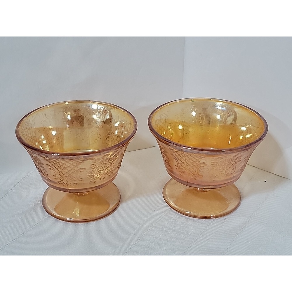 Set of 2 Vintage Federal Normandie Depression Glass Marigold Footed Dessert Cups